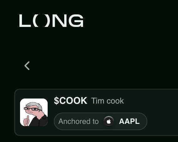 A dark-themed Launchpad interface shows a trading token called "$COOK" (Ticker: Tim Cook) anchored to AAPL, featuring a cartoon avatar of Tim Cook with a confident expression. The image relates to the post by promoting $COOK as a celebrity-themed token on Uniswap's Launchpad, leveraging Tim Cook's association with Apple as a selling point.