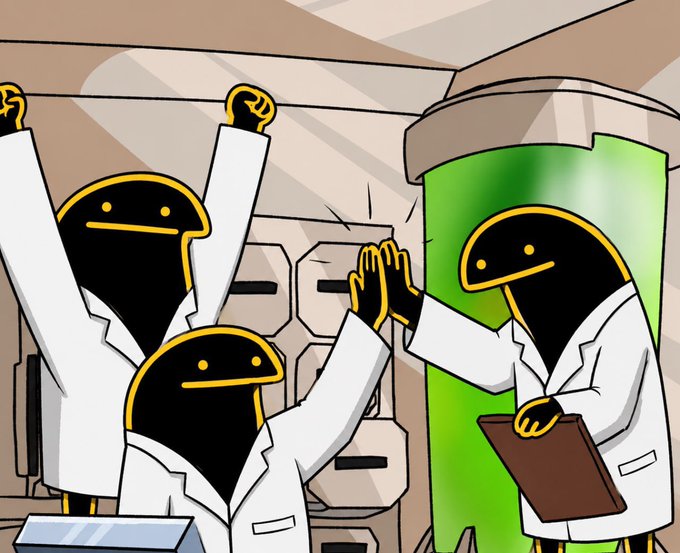A cartoon illustration shows three black, bean-shaped characters in white lab coats celebrating in a laboratory, with two high-fiving while one raises both fists triumphantly near a green containment unit.