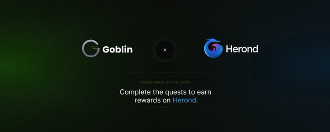 Dark promotional banner featuring logos for "Goblin" and "Herond" with text reading "Complete the quests to earn rewards on Herond."