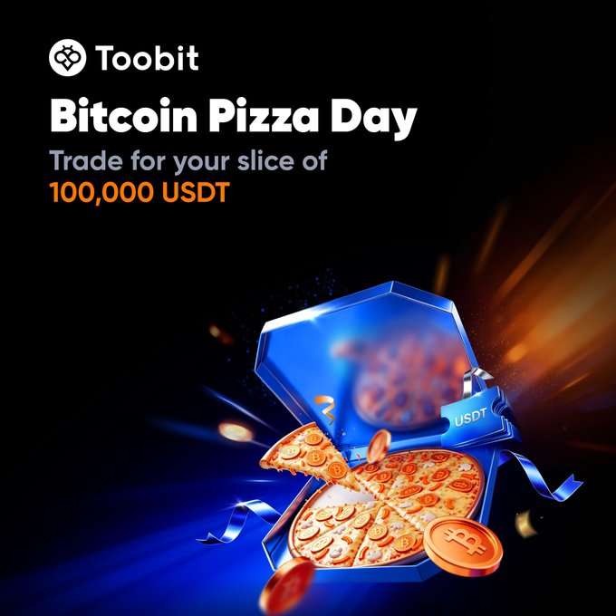 iced pizza with toppings and a blue box, accompanied by text promoting Bitcoin Pizza Day and offering a trade for 1000 USDT.