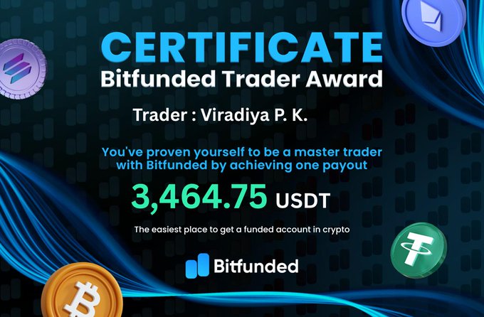 The image features a poster advertising Bitfunded with various cryptocurrency logos. A section of the poster states that "Win with Bitfunding! Name: Viradiya P. Profit Withdrawn: 3,464.75 USDT Funded. Traded. Paid. The easiest place to get a funded account in crypto". The main focus of the image is on the message and its relation to the post promoting Bitfunded.