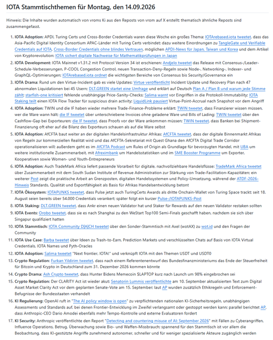 A German-language IOTA news digest (IOTA Stammtischthemen) for Monday, September 14, 2026, listing 18 news items covering IOTA Adoption, Development, Drama, Staking, and other topics.