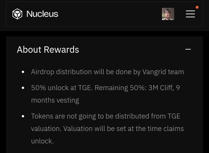 Screenshot of a 'Nucleus' website section titled 'About Rewards', explaining that 'Airdrop distribution will be done by Vangrid team', with '50% unlock at TGE. Remaining 50%: 3M Cliff, 9 months vesting'.