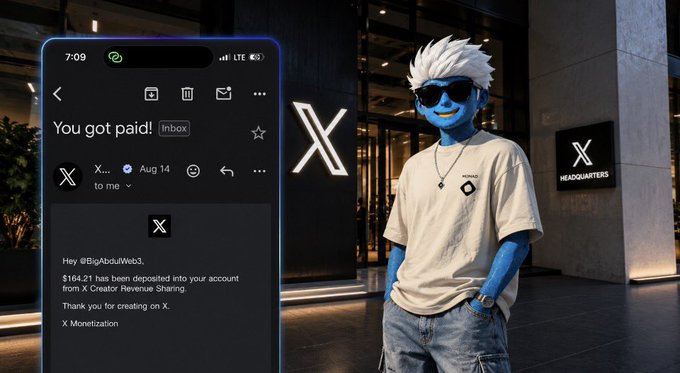 A composite image showing a blue 3D animated character standing outside the "X HEADQUARTERS" building, alongside a phone displaying a payment notification: "Hey @BigAbdulWeb3, $164.21 has been deposited... from X Creator Revenue Sharing."