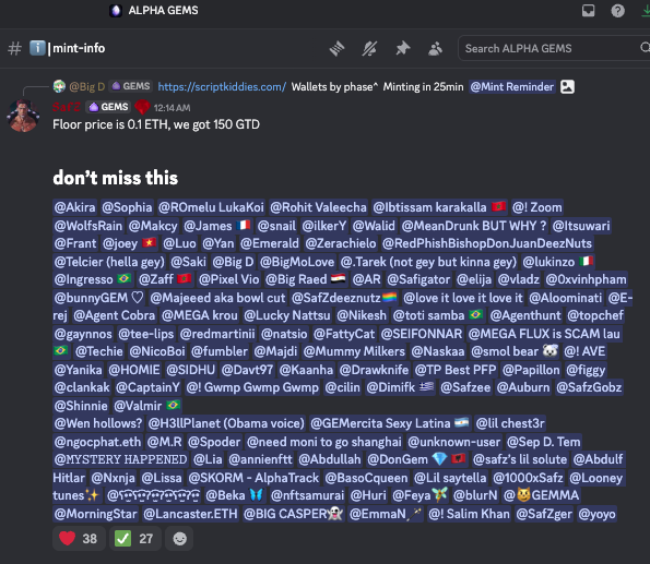 A Discord screenshot from the #mint-info channel in ALPHA GEMS server showing a user posting about a minting opportunity with a floor price of 0.1 ETH and 150 GTD, followed by a list of tagged users.