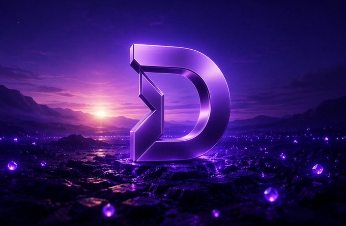 A stylized 3D purple letter 'D' set against a dark purple landscape with a sunset and glowing purple crystals.
