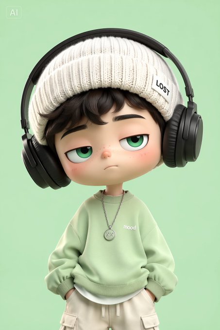 An AI-generated cartoon character with a grumpy expression wears a white beanie labeled "LOST," a green "mood" sweatshirt, and large headphones, set against a pastel green background. The character embodies the post's theme of uncertain, contemplative decision-making in AI development, reflecting the thoughtful tension behind choosing the "Builder path" on GenLayer to address how agents resolve disagreement.