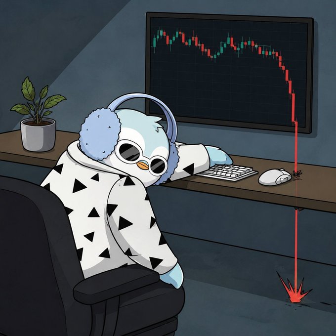 An illustration of a character with blue earmuffs slumped over a desk while a stock chart on the monitor behind them shows a dramatic red crash line plunging downward.