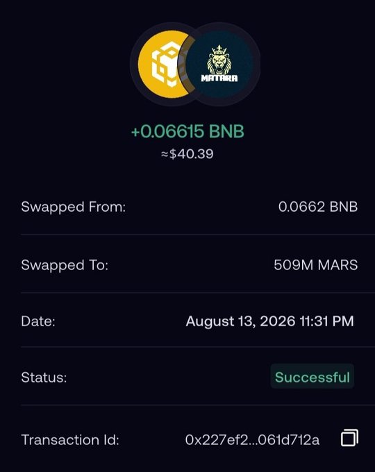 A screenshot of a successful cryptocurrency swap transaction showing the exchange of 0.0662 BNB for 509M MARS (Mars Battle), worth approximately $40.39.