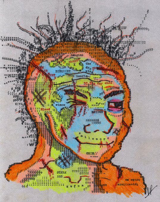 A mixed-media portrait illustration depicts a face composed of orange, green, blue, and pink colors overlaid with scattered text fragments, numbers, and map-like elements on a textured background.