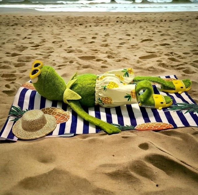 Kermit the Frog plush toy wearing pineapple-patterned swim trunks and yellow Crocs, lying on a beach towel on the sand next to a straw hat.