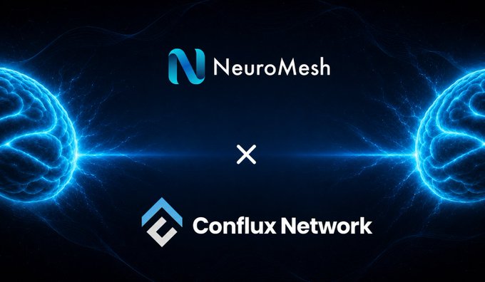 The image features two blue brain images with lightning bolts emanating from them, set against a dark background. The text at the bottom of the image reads "We're excited to announce a strategic partnership between NeuroMesh and Conflux Network As AI and decentralized infrastructure continue to converge".