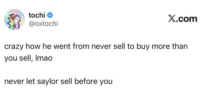 A screenshot of a tweet from user @oxtochi reads: "crazy how he went from never sell to buy more than you sell, lmao / never let saylor sell before you." The tweet appears to be commenting on the market's ability to absorb a large Bitcoin sell-off (around 3.6k BTC) with minimal price movement, contrasting it with prior smaller sales, and humorously advising against trading ahead of Saylor.