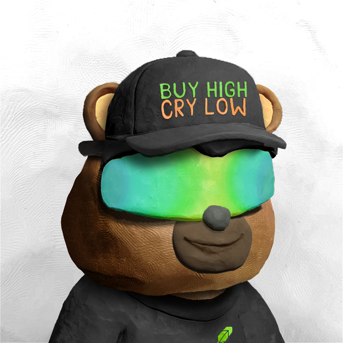 A 3D-rendered bear wearing a black cap with the text 'BUY HIGH CRY LOW' and a glowing green visor.