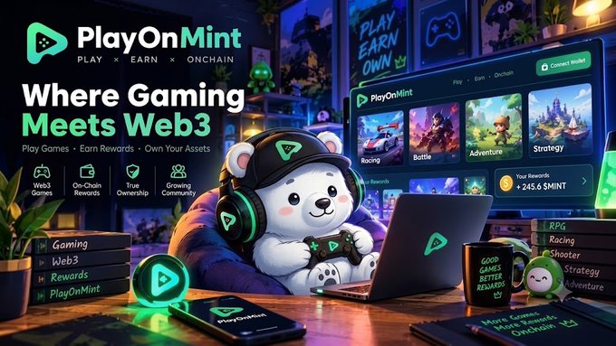 The image showcases a promotional banner for PlayOnMint, featuring the tagline "Play x Earn x Onchain" and "Where Gaming Meets Web3," with a cute mascot bear wearing gaming headphones alongside a laptop displaying game categories like Racing, Battle, Adventure, and Strategy, while highlighting 245.6 $MINT in rewards. This visually reinforces the post's message about unifying gaming, rewards, and onchain activities into one ecosystem, contrasting the fragmented experience of separate loops with PlayOnMint's integrated approach where gaming, predictions, NFTs, and XP all compound together.
