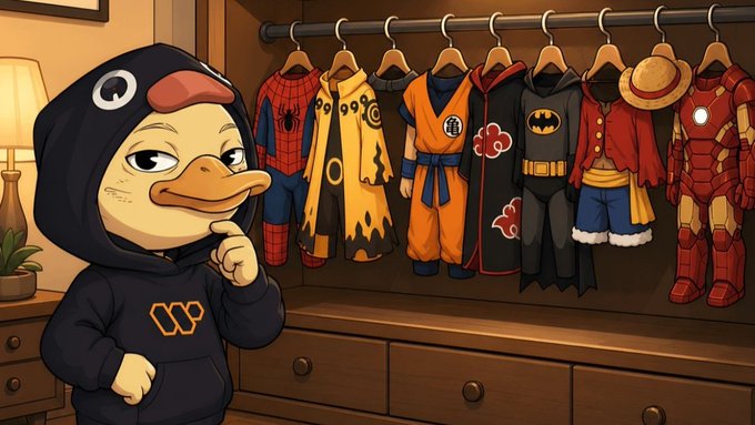 An animated duck in a black hoodie thoughtfully examines a wardrobe of superhero costumes (Spider-Man, Naruto, Batman, Iron Man, Luffy), symbolizing the careful consideration behind choosing the right approach over rushing to be first. The contemplative pose mirrors the post's message about slowing down to understand what you're building rather than chasing fast-moving trends and headlines.