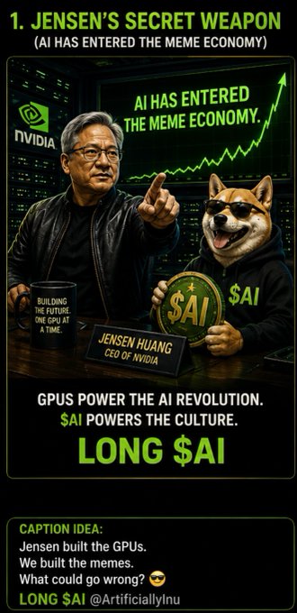 A meme-style promotional image titled 'JENSEN'S SECRET WEAPON (AI HAS ENTERED THE MEME ECONOMY)' featuring Jensen Huang, CEO of NVIDIA, alongside a Shiba Inu dog holding an '$AI' coin, with text 'LONG $AI' and '@ArtificiallyInu'.