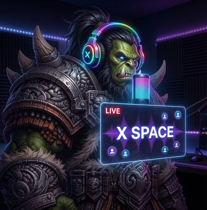 Digital artwork of a green orc warrior wearing rainbow LED headphones in a studio setting, with a 'LIVE' overlay reading 'X SPACE' alongside an audio waveform graphic.
