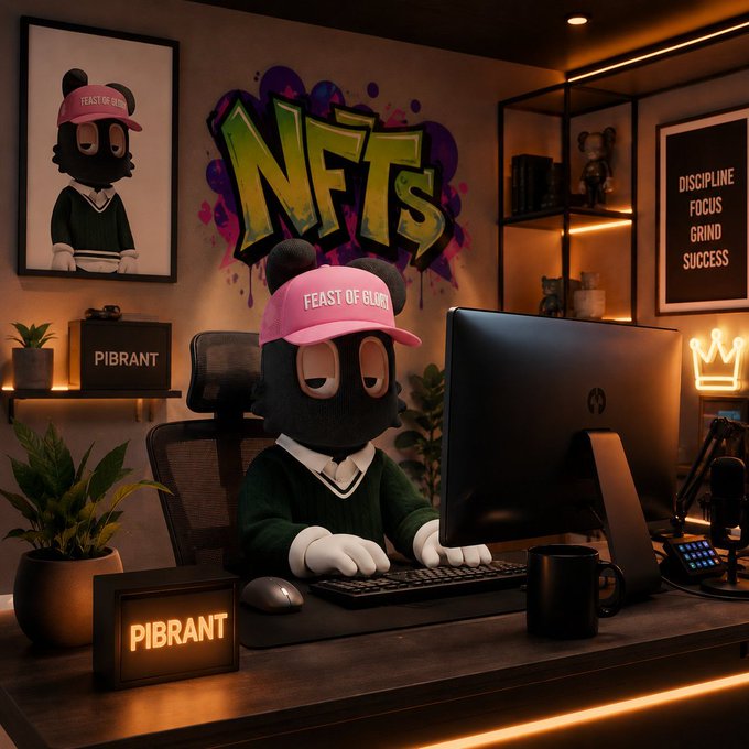 A stylized digital illustration of a cartoon bear character wearing a pink 'FEAST OF GLORY' cap, sitting at a computer setup with 'NFTS' graffiti on the wall and 'PIBRANT' signage.