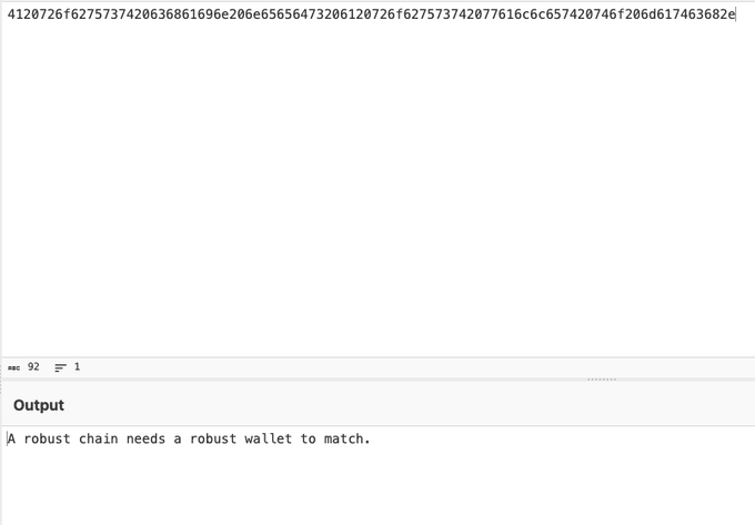 The image displays a hex string ending in "206e617463682e" with a hex-to-ASCII conversion showing the decoded text "A robust chain needs a robust wallet to match." — the same sentence embedded in the $WALLET token metadata, supporting the post's claim that this phrase is baked into the token's launch transaction.