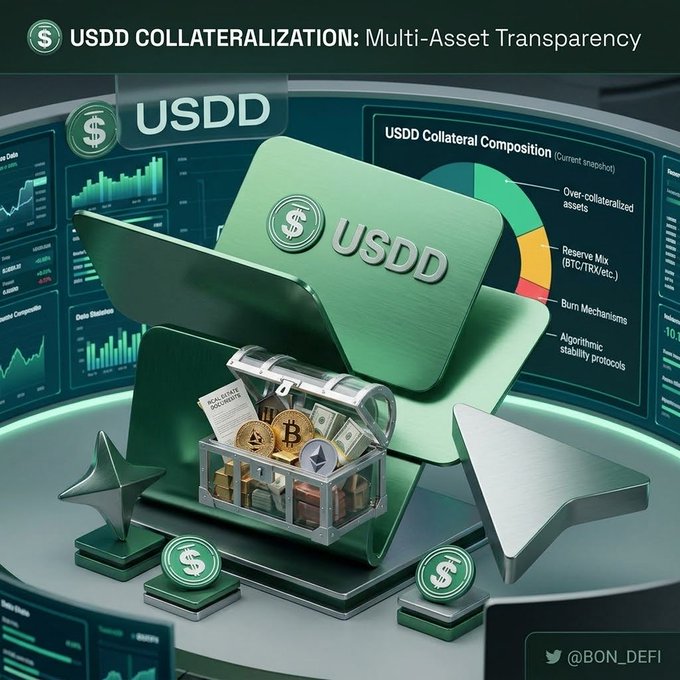 A 3D digital render explaining 'USDD COLLATERALIZATION: Multi-Asset Transparency,' featuring green USDD branded cards and a treasure chest filled with Bitcoin, Ethereum, and other cryptocurrencies.