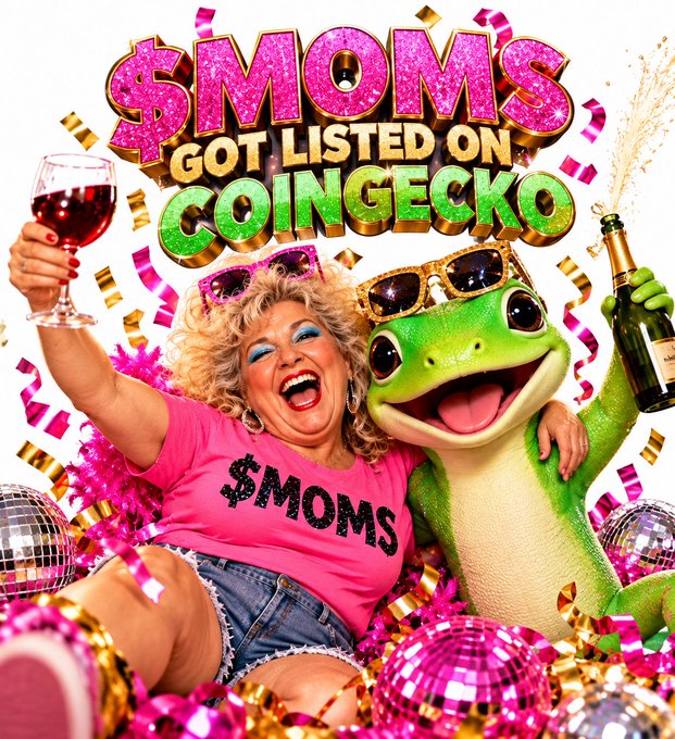 A vibrant promotional image for '$MOMS GOT LISTED ON COINGECKO' shows a woman in a pink '$MOMS' shirt celebrating with a large green frog mascot holding champagne.