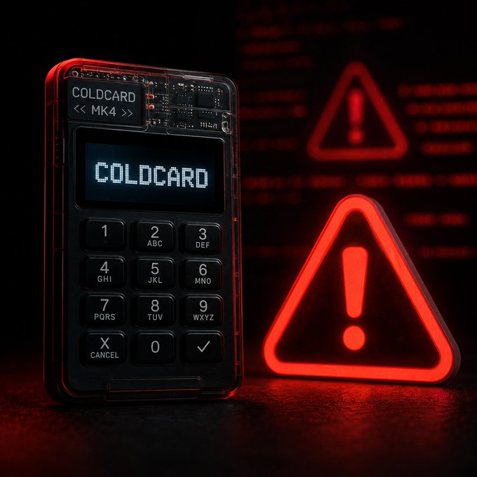 A Coldcard Mk4 hardware wallet sits beside a glowing red warning sign, displaying the text "COLDCARD" on its screen with model label "<< MK4 >>". The image visually echoes the post's somber tone—pairing the physical device where bitcoin is stored with a cautionary alert symbol to reflect on user losses and the industry's ongoing vulnerabilities.