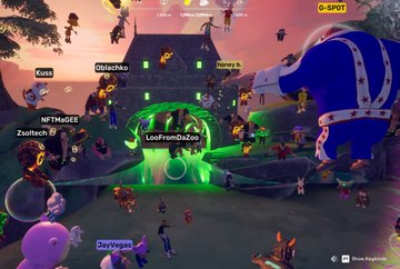 Screenshot of a 3D virtual environment, likely Decentraland, showing multiple cartoonish avatars gathered outdoors near a glowing green portal labeled 'LeoFromDaCoo' with a large blue and white figure in the foreground.