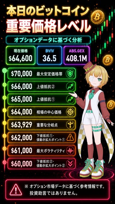 A Japanese cryptocurrency infographic titled '本日のビットコイン重要価格レベル' displaying Bitcoin price levels based on options data, with the current price at ¥64,600, BVIV at 36.5, and ABS.GEX at 408.1M, alongside an anime character illustration.