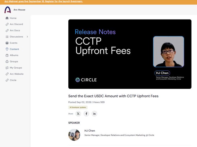 A webpage screenshot from Arc House displays release notes titled 'CCTP Upfront Fees' with a video thumbnail featuring speaker HJ Chen, Senior Manager of Developer Relations and Ecosystem Marketing at Circle.