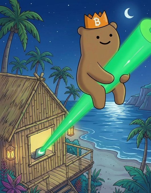 A cartoon illustration of a bear wearing a Bitcoin crown holding a large green laser beam, with a tropical beach hut scene at night.