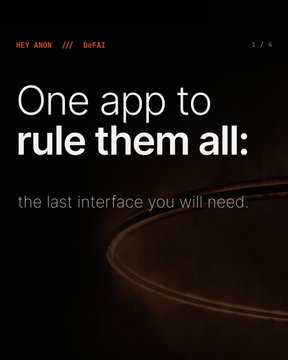 A dark promotional graphic reads 'One app to rule them all: the last interface you will need.' with 'HEY ARON /// DoFAl' in the corner.