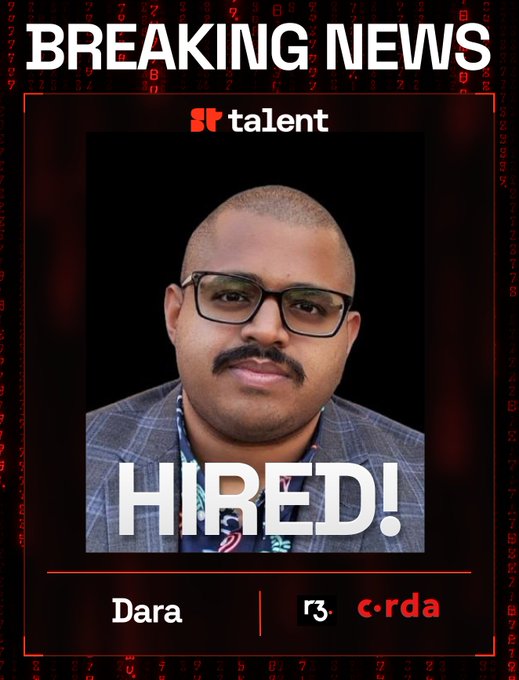 A "Breaking News" graphic announces "Dara" has been "HIRED!" at talent agency C-RDA, with logos for talent, r3, and C-RDA displayed over a photo of a man wearing glasses and a gray plaid suit—visually echoing the post's excitement about a "suits for DeFi people" moment as he joins R3 to help build Corda.