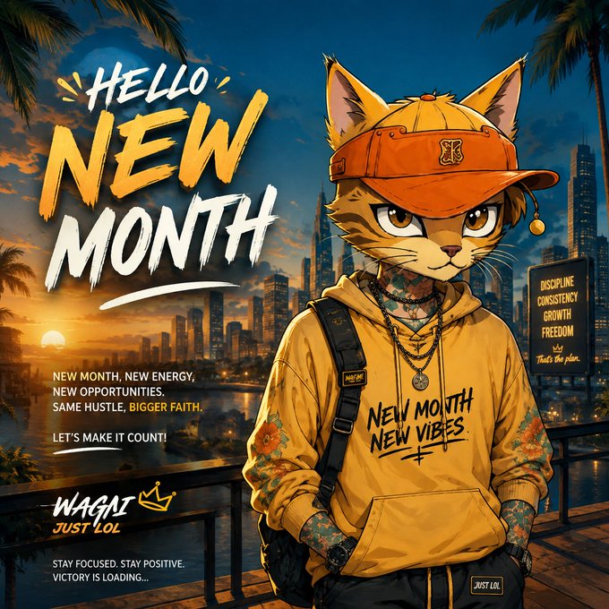 A motivational graphic featuring an anthropomorphic cat character in a yellow hoodie and orange visor, with text reading "HELLO NEW MONTH" and "NEW MONTH, NEW ENERGY, NEW OPPORTUNITIES. SAME HUSTLE, BIGGER FAITH." signed "WAGAI JUST LOL".