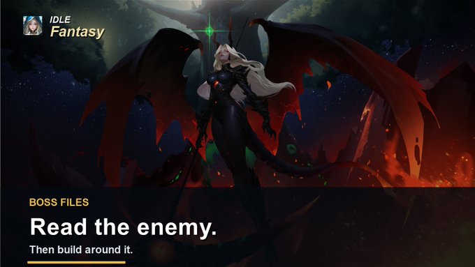 A promotional image for "Idle Fantasy" features a dramatic illustration of a horned, winged demon-like figure against a fiery backdrop, with the text "BOSS FILES — Read the enemy. Then build around it." displayed in the lower portion of the image.