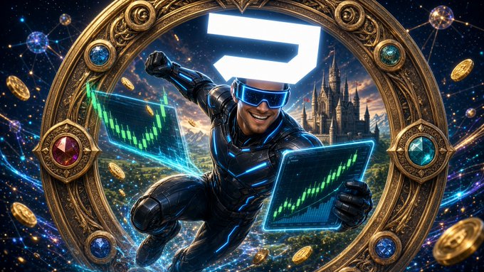 A stylized digital artwork depicts a futuristic trader or superhero flying with glowing financial charts and coins around an ornate circular frame.