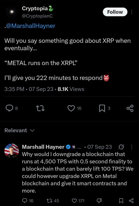A Twitter exchange shows @CryptopianC challenging @MarshallHayner to praise XRP, prompting Hayner to respond by defending METAL blockchain's superior performance (4,500 TPS with 0.5-second finality) over the XRPL's limited 100 TPS capacity, effectively dismantling the XRP advocate's premise.