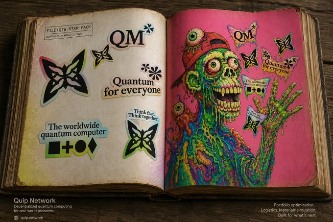 The image features a book with an open page that displays a colorful illustration of a green-skinned, googly-eyed monster wearing a red hat and holding up a sign that says "QM" along with some other text. The book is placed on a wooden surface, and there are several butterflies scattered around the pages. The image also includes a post about Quantum computing by Quip Network, which highlights the importance of Quantum technology in today's world for securing data and solving complex problems.

The post mentions that Quip Network has been protecting the blockchain world for over twenty years, providing unbreakable security solutions to businesses and researchers worldwide. The image also includes a logo for Quip Network, indicating their involvement in this field.