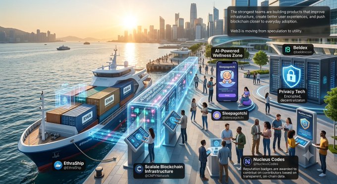 A futuristic waterfront scene with a cargo ship, digital booths, and city skyline, featuring text for 'EthraShip', 'Scalable Blockchain Infrastructure', 'AI-Powered Wellness Zone', 'Beldex', 'Privacy Tech', 'Sleepagotchi', and 'Nucleus Codes'.