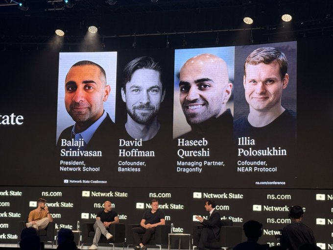 A panel at the Network State Conference featuring Balaji Srinivasan (President, Network School), David Hoffman (Cofounder, Bankless), Haseeb Qureshi (Managing Partner, Dragonfly), and Illia Polosukhin (Cofounder, NEAR Protocol).