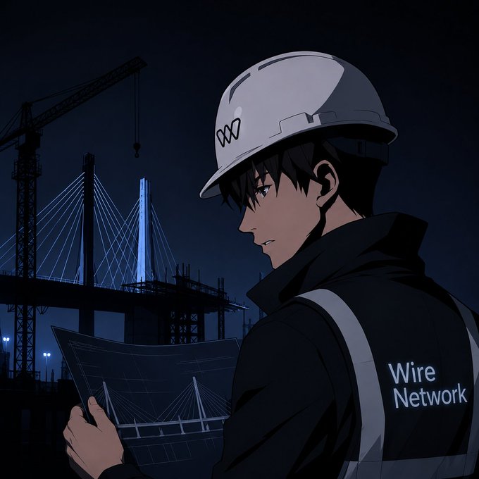 An anime-style illustration of a man in a hard hat and a black jacket labeled 'Wire Network', holding a blueprint and looking out at a bridge under construction at night.
