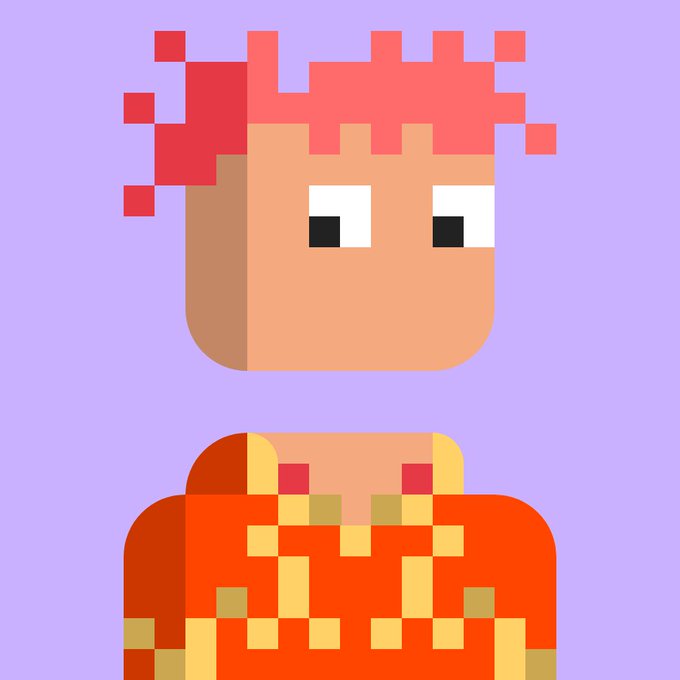 A minimalist pixel-art portrait of a peach-skinned character with red hair and an orange patterned shirt against a lavender background.
