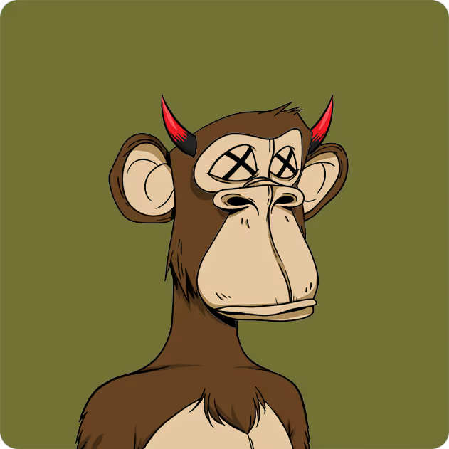 A cartoon illustration of a brown monkey with X-shaped eyes and small red horns against an olive green background.