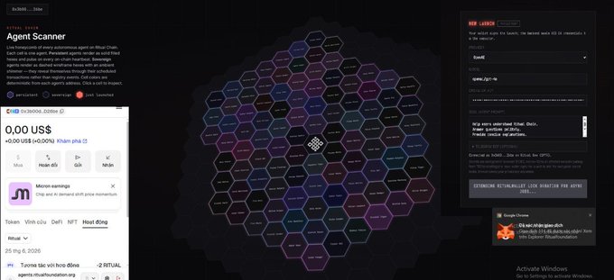 A dark-themed interface for Ritual's "Agent Scanner" displaying a hexagonal grid map with a central diamond marker showing "0,000 US$ / +0,00 US$ / +0,00% Kham phá" and a sidebar featuring Vietnamese-language forms for entering agent names ("Tên tác nhân của bạn") and token symbols ("qwe_jjj//-@") with 24-character token contract requirements. The "Mint" button is highlighted as "Đã hết công" (out of stock), and the Google Chrome popup prompts the user to install MetaMask, aligning with the post's instructions about connecting a Ritual testnet wallet to deploy agents.