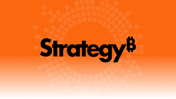 An orange graphic displaying the word 'Strategy' in bold black text with a Bitcoin symbol replacing the letter 'i'.