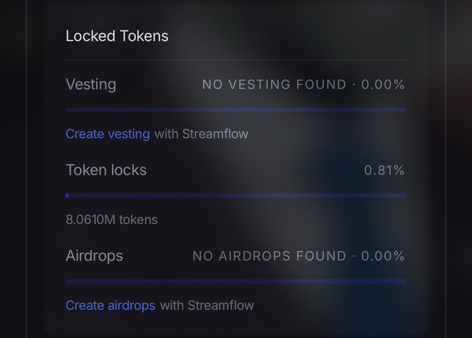 A screenshot of a "Locked Tokens" interface showing Vesting at 0.00%, Token locks at 0.81% (8.0610M tokens), and Airdrops at 0.00%, with options to "Create vesting" and "Create airdrops" using Streamflow.