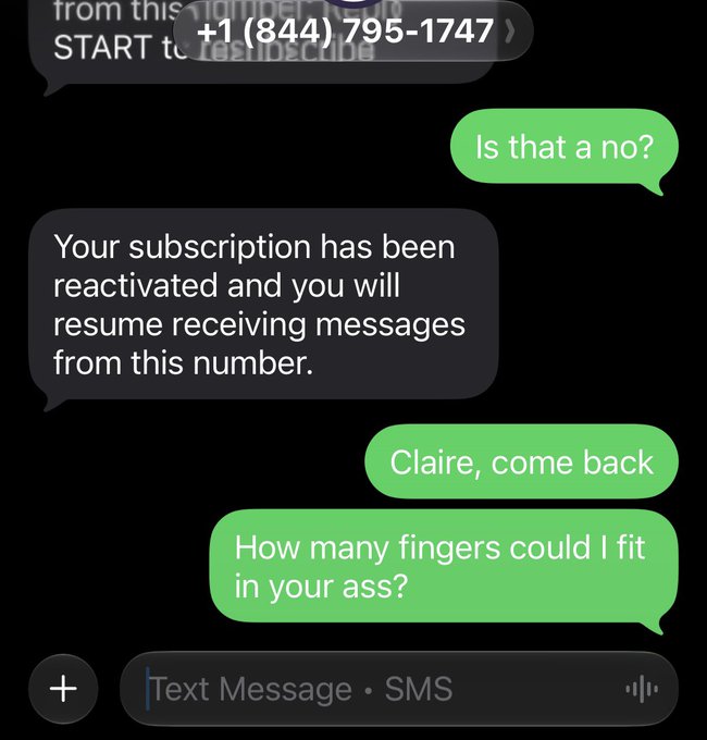 A screenshot from (844) 795-1747 displays automated messages about subscription reactivation, followed by a desperate text from someone named Claire asking "How many fingers could I fit in your ass?"—ironically capturing the chaotic "We're so back!" energy of returning to text someone after a long hiatus.