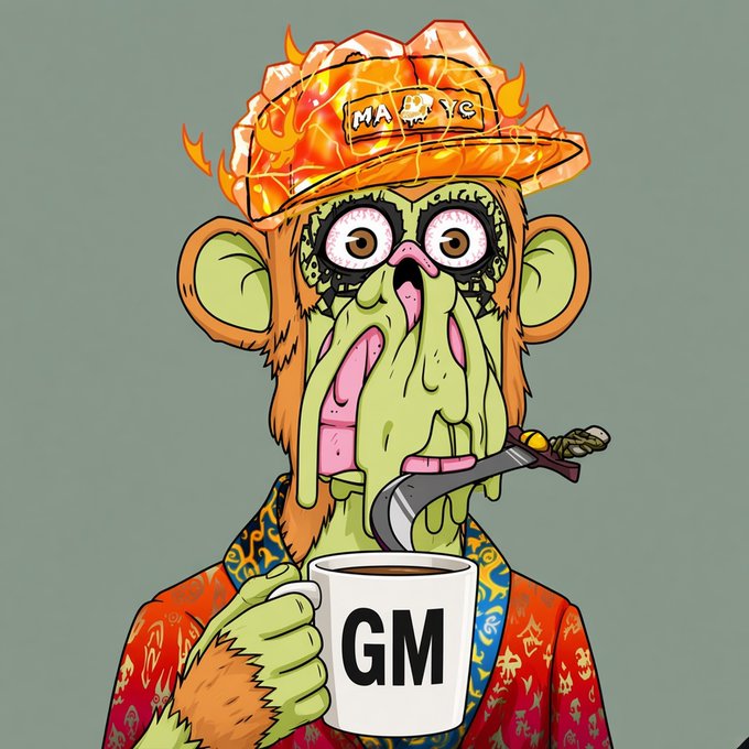 Cartoon illustration of a green monkey wearing an orange flame-patterned cap, smoking a joint, and holding a white mug labeled 'GM' against a gray background.