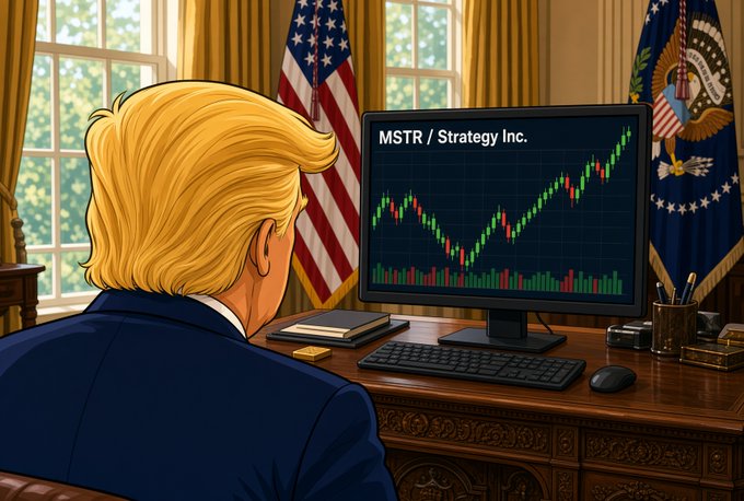 A cartoon depiction of Donald Trump sits at a desk in the Oval Office, viewing a stock chart on a monitor labeled "MSTR / Strategy Inc." that shows a volatile price trend with red and green candlesticks, visually representing his reported purchase of MicroStrategy (MSTR) shares.