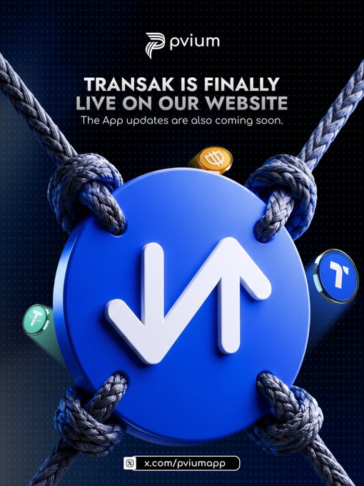 A promotional graphic stating 'TRANSAK IS FINALLY LIVE ON OUR WEBSITE,' featuring the Pvium logo and a blue icon bound by ropes, advertising upcoming app updates.